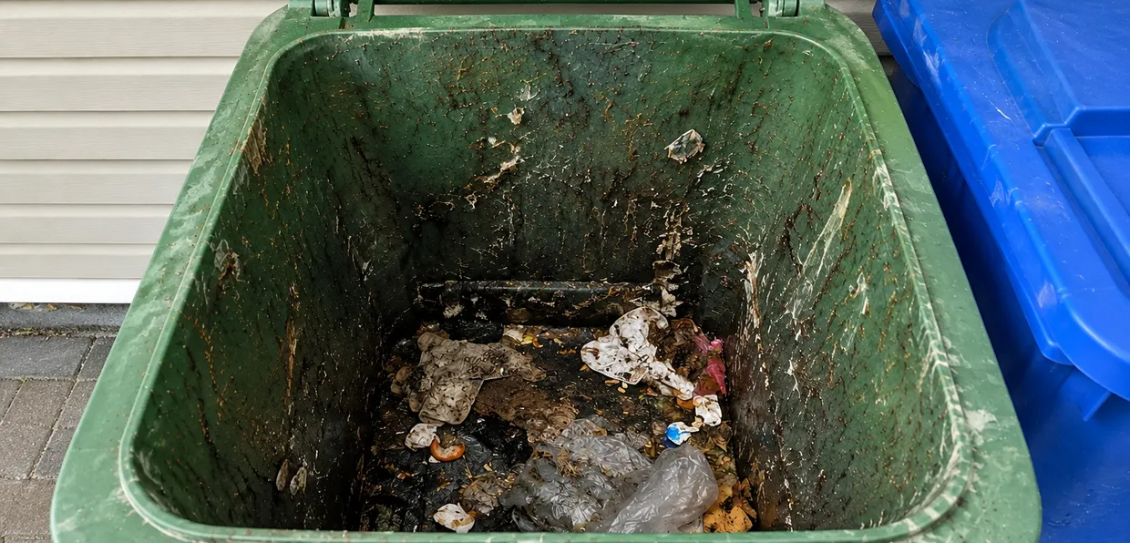 Two wheeled bins covered in streaks and dirt, before cleaning